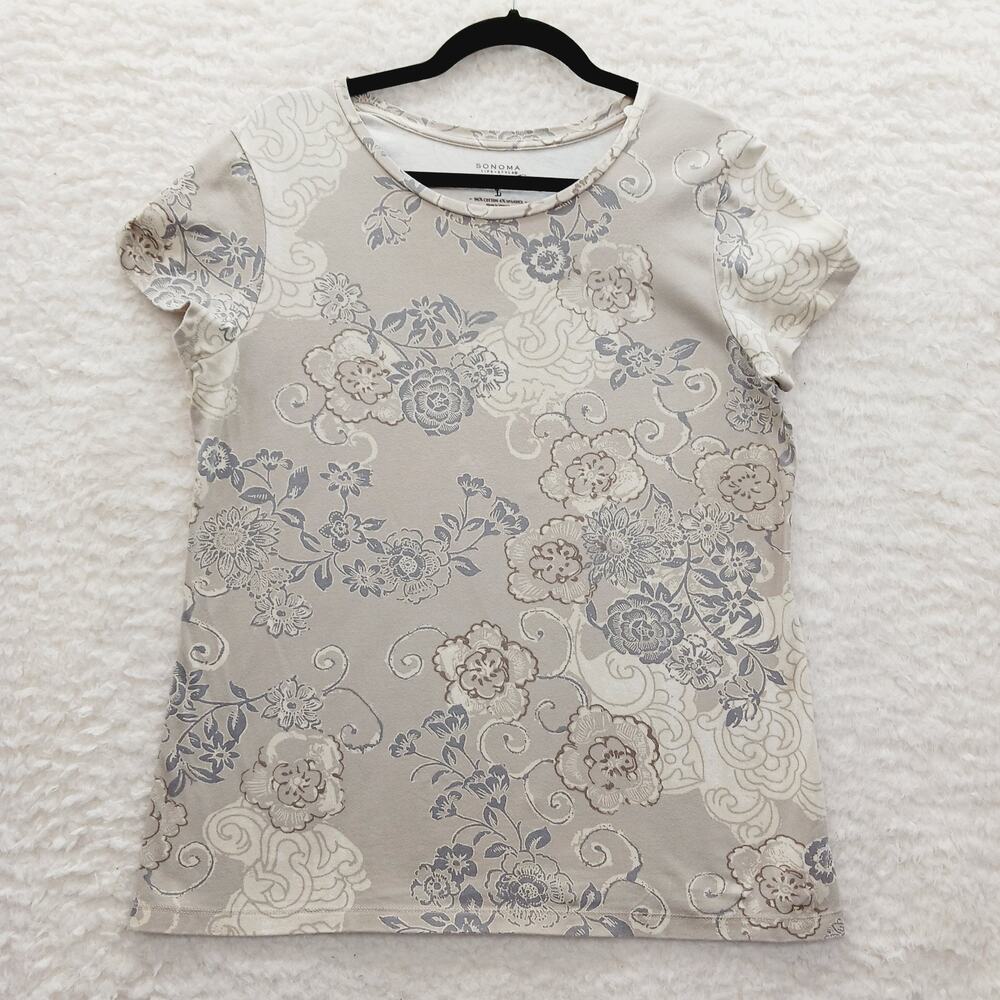 T-Shirt Women Beige Gray Floral Everyday Soft Girl Cottagecore Casual Size L